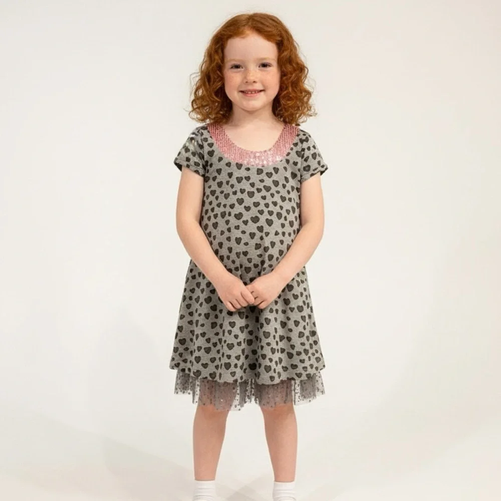 Lipstik‎ Girls Sparkly Hearts 💕 Gray and Pink Kids Dress NWT sz 5